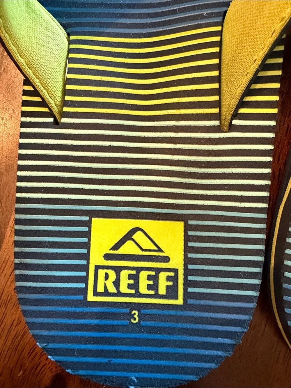 Reef Boy’s Striped Flip Flops in Blue, Yellow/Green, Size 3